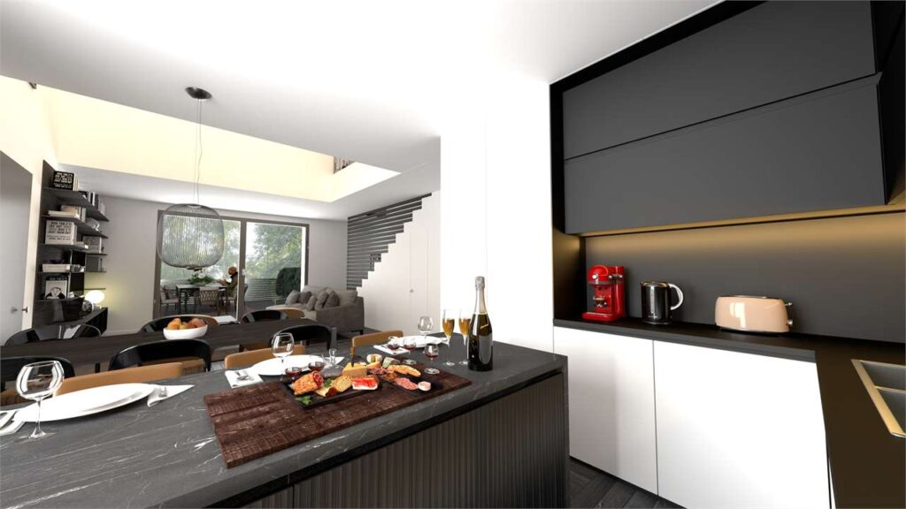 Un'immagine che ritrae design d'interni, cucina, mobilia, parete e pavimentazione.